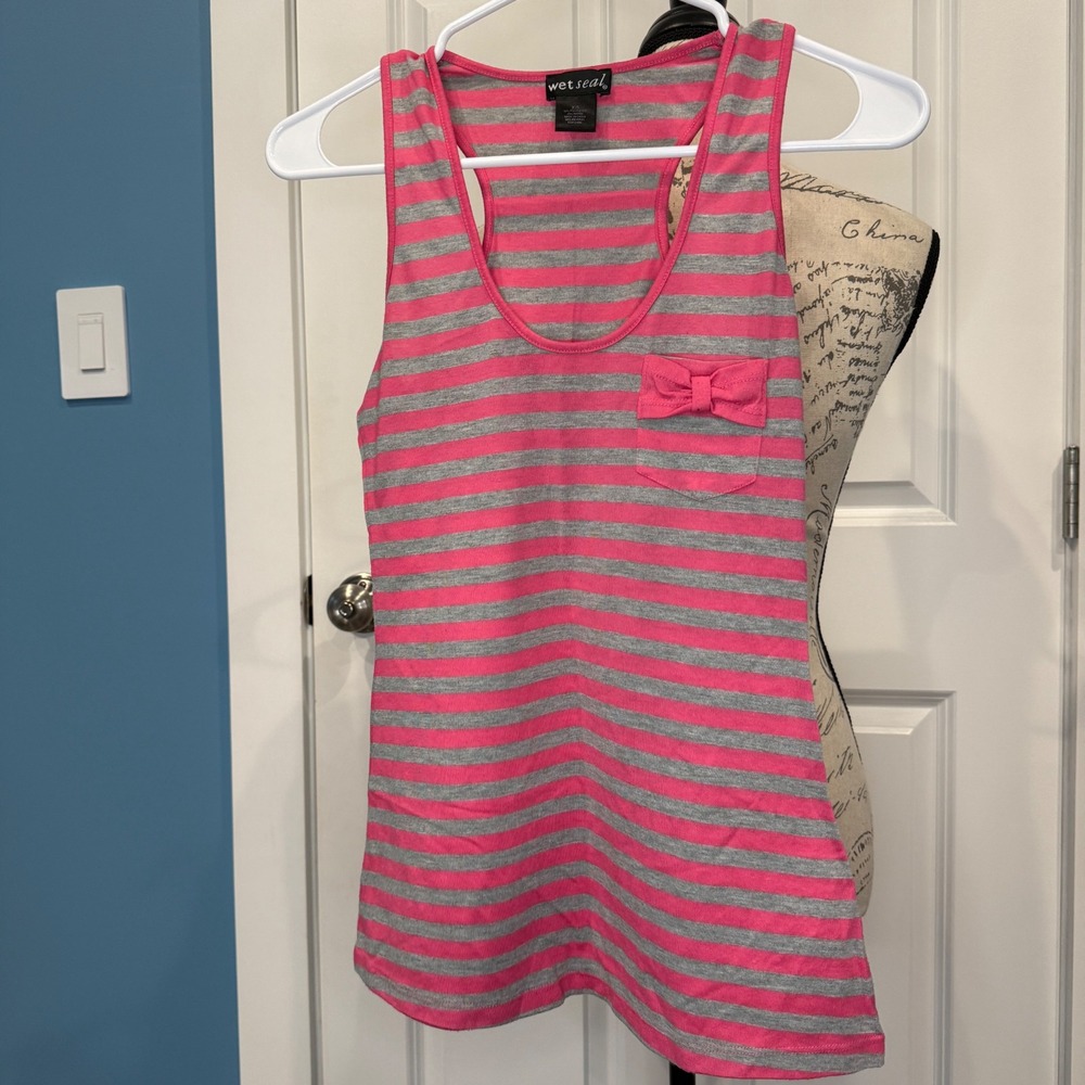 Wet Seal Pink Gray‎ Striped Racerback Tank Top Bow Pocket Size XS